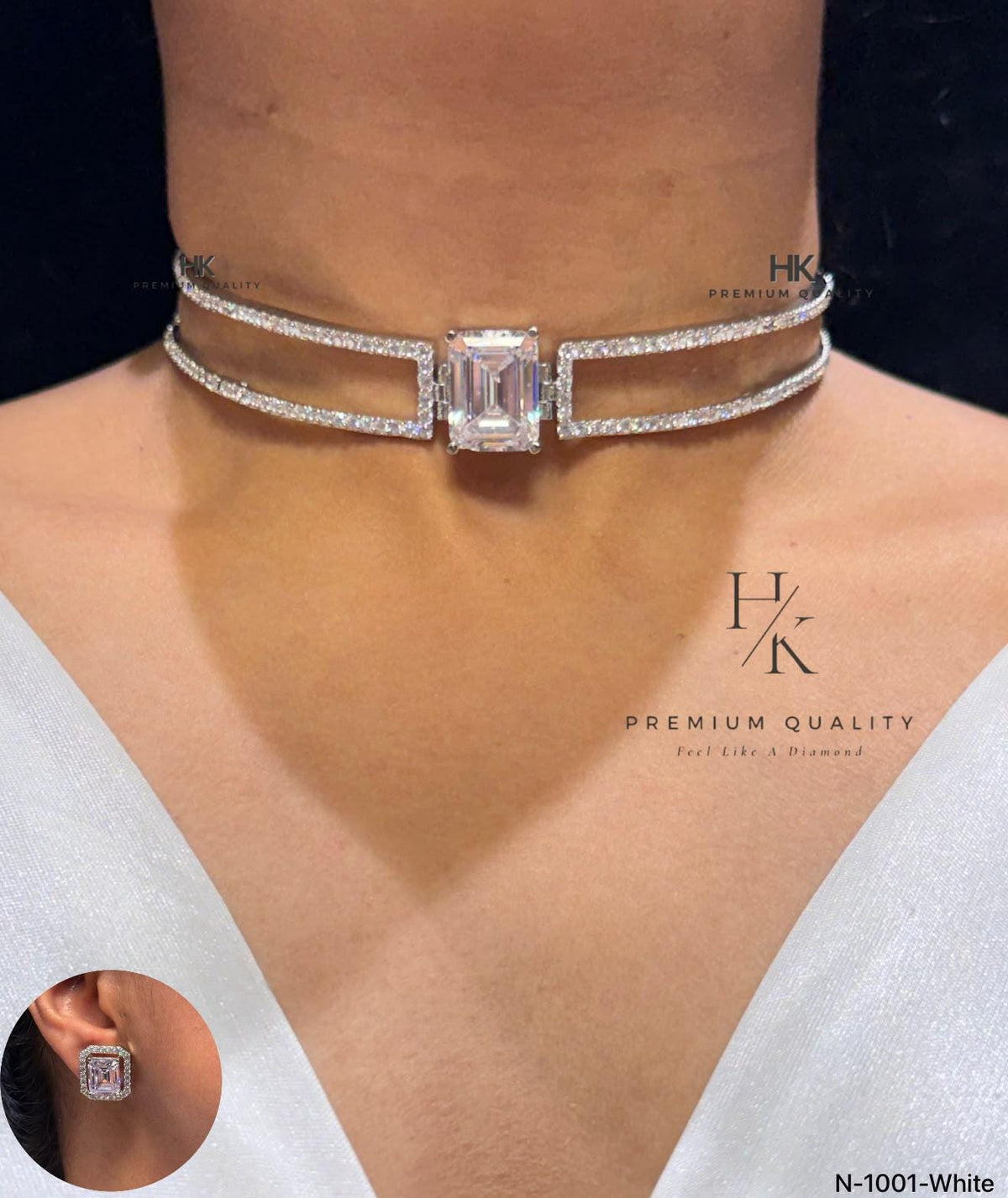 Emerald Cut CZ Choker Necklace Set, Double Row Statement Bridal Jewelry
