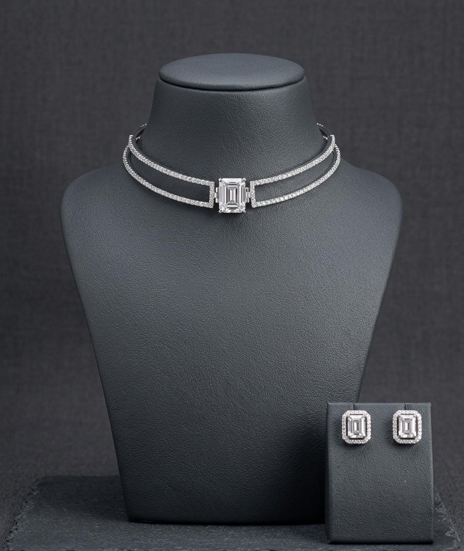 Emerald Cut CZ Choker Necklace Set, Double Row Statement Bridal Jewelry