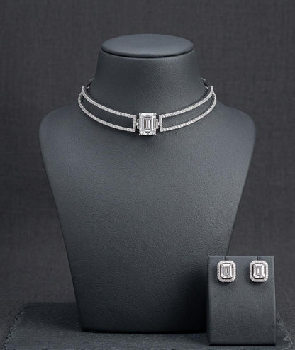 Emerald Cut CZ Choker Necklace Set, Double Row Statement Bridal Jewelry