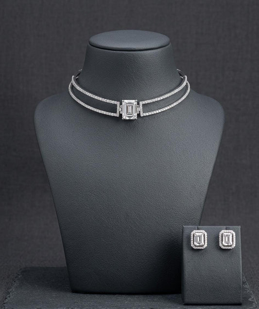 Emerald Cut CZ Choker Necklace Set, Double Row Statement Bridal Jewelry