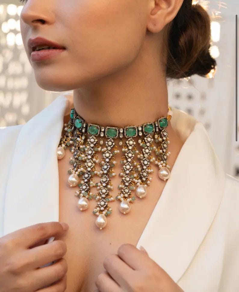 Pearl Fringe Choker Necklace Set, Polki Bridal Jewelry, Statement Wedding Earrings