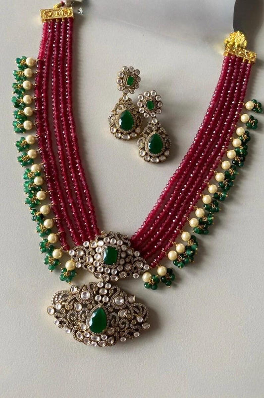 Multi Strand Polki Pendant Necklace Set with Matching Earrings, Pearl Accents