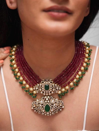 Multi Strand Polki Pendant Necklace Set with Matching Earrings, Pearl Accents