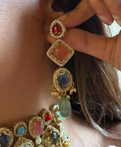 Mixed Stone Kundan Choker Set | Navratna Inspired Indian Bridal Jewelry, Drop Earrings