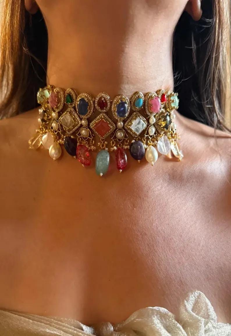 Mixed Stone Kundan Choker Set | Navratna Inspired Indian Bridal Jewelry, Drop Earrings