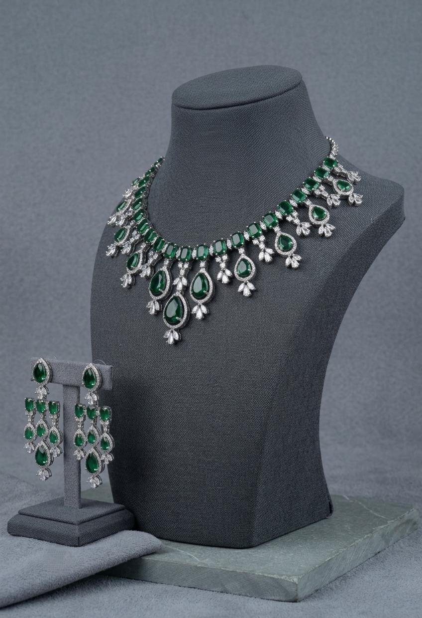 Pear Cut CZ Bridal Necklace Set, Elegant Crystal Wedding Jewelry, Matching Earrings