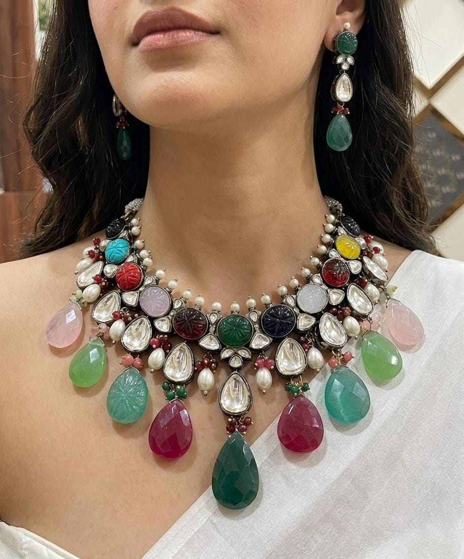 Assorted Carved Stone Kundan Choker Set | Heavy Bridal Polki Statement Necklace & Maang Tikka