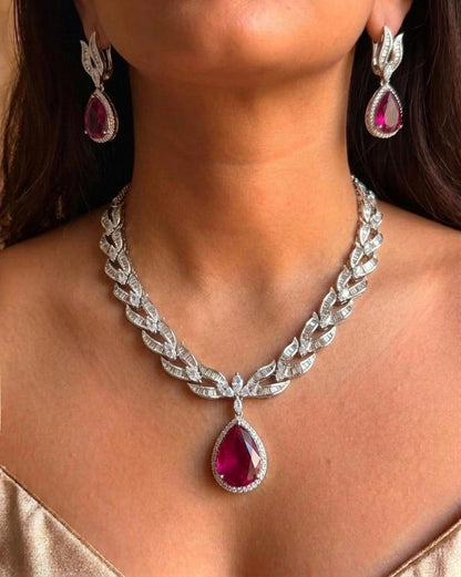 CZ Leaf Necklace Set, Pear Cut Crystal Bridal Jewelry, Statement Evening Set
