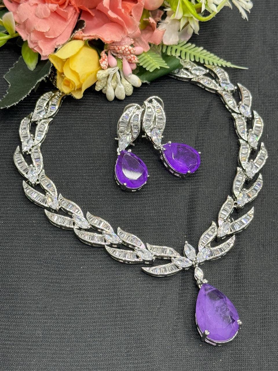 CZ Leaf Necklace Set, Pear Cut Crystal Bridal Jewelry, Statement Evening Set