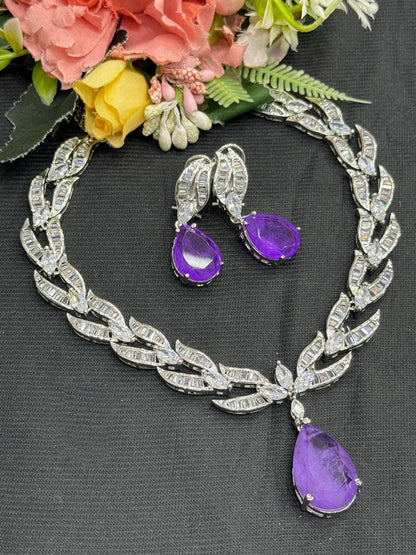 CZ Leaf Necklace Set, Pear Cut Crystal Bridal Jewelry, Statement Evening Set