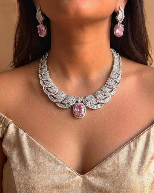CZ Leaf Necklace Set, Oval Crystal Bridal Jewelry, Statement Wedding Earrings