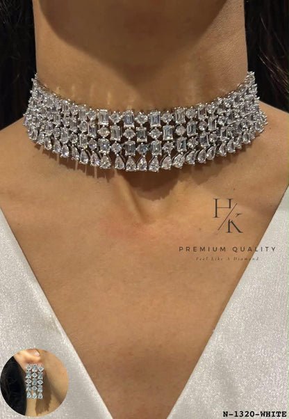 Statement CZ Choker Necklace and Earrings Set, Diamond-Look Bridal Jewelry