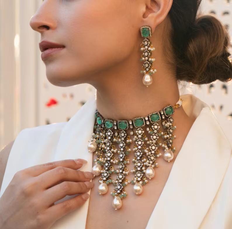 Pearl Fringe Choker Necklace Set, Polki Bridal Jewelry, Statement Wedding Earrings