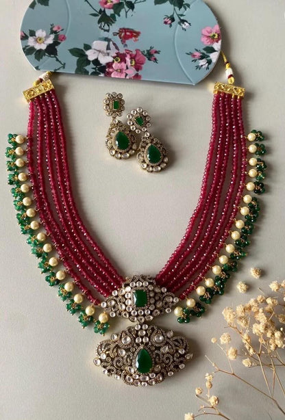 Multi Strand Polki Pendant Necklace Set with Matching Earrings, Pearl Accents