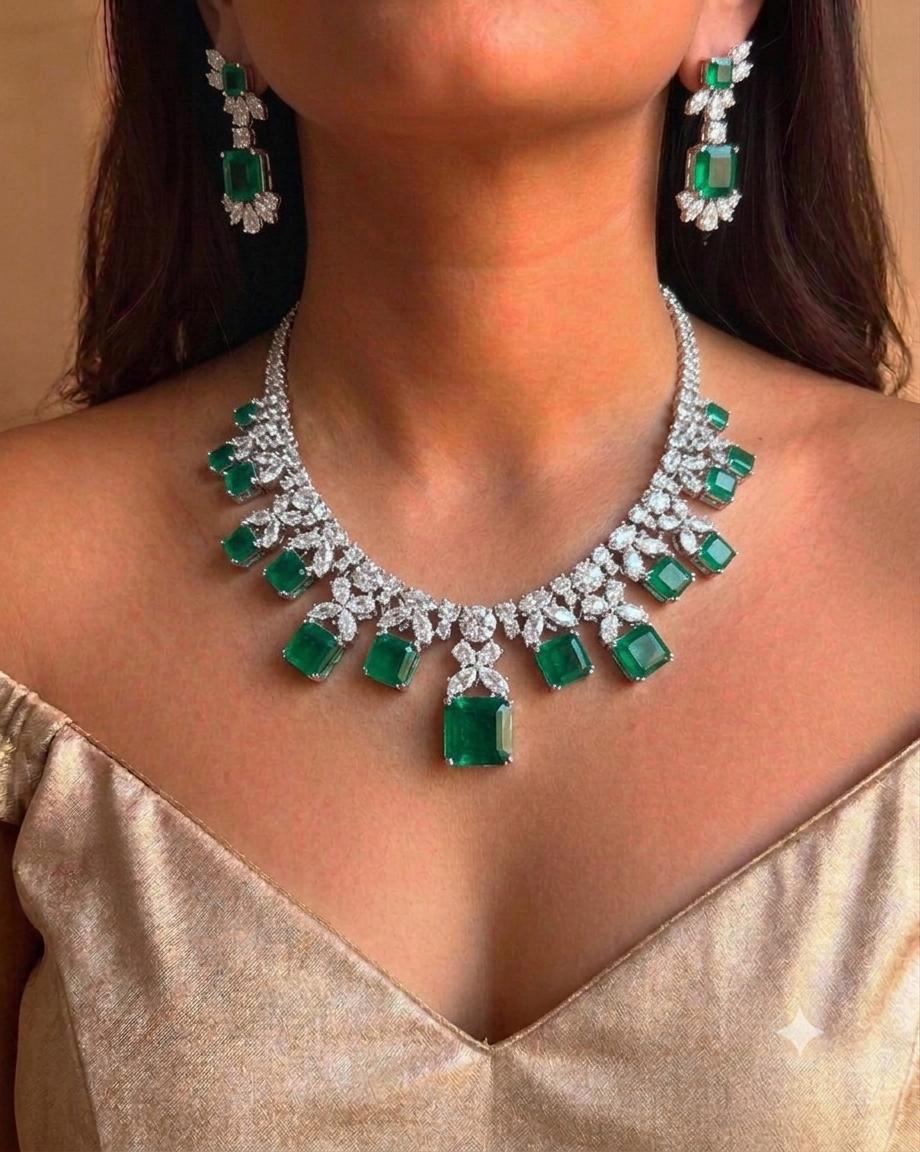 Princess Cut CZ Statement Necklace Set, Bridal Crystal Jewelry, Matching Earrings, Party Wear