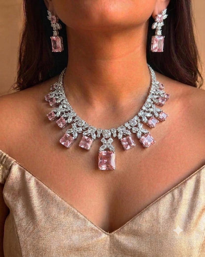 Princess Cut CZ Statement Necklace Set, Bridal Crystal Jewelry, Matching Earrings, Party Wear