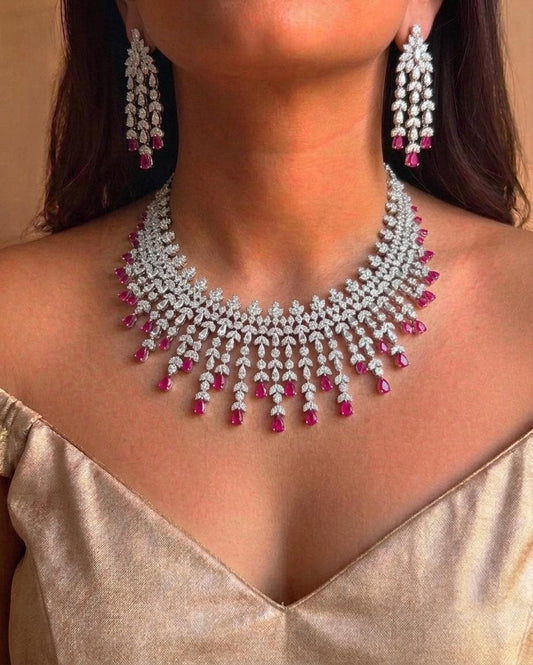 Luxury CZ Bridal Necklace Set, Statement Chandelier Earrings, Floral Party Jewelry
