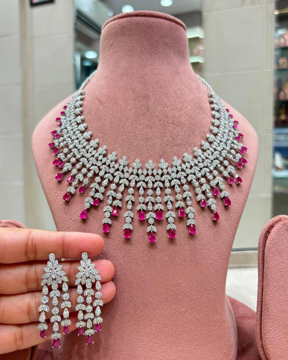 Luxury CZ Bridal Necklace Set, Statement Chandelier Earrings, Floral Party Jewelry