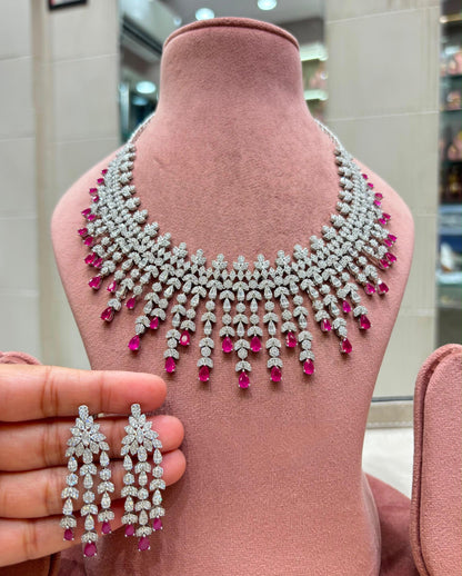 Luxury CZ Bridal Necklace Set, Statement Chandelier Earrings, Floral Party Jewelry
