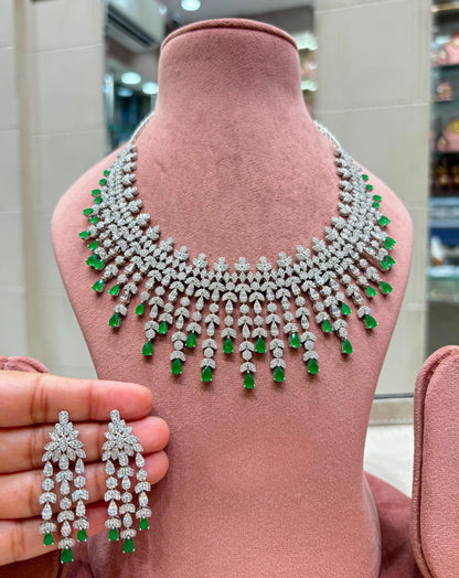 Luxury CZ Bridal Necklace Set, Statement Chandelier Earrings, Floral Party Jewelry