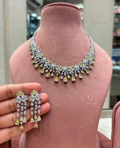Floral Drop CZ Necklace Set, Matching Long Earrings, Bridal Statement Jewelry
