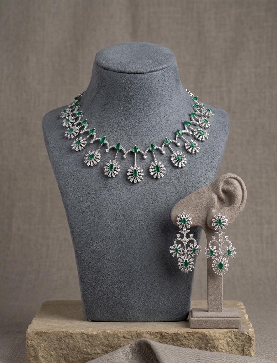 American Diamond Necklace Set with Statement Earrings, Bridal Party Jewelry