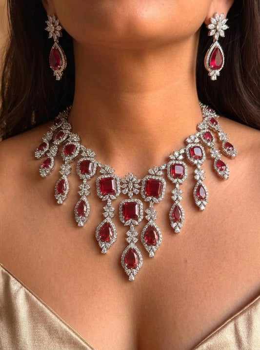 Luxury Bridal Statement Necklace Set, Princess Cut Crystal Wedding Jewelry, Elegant Dangle Earrings