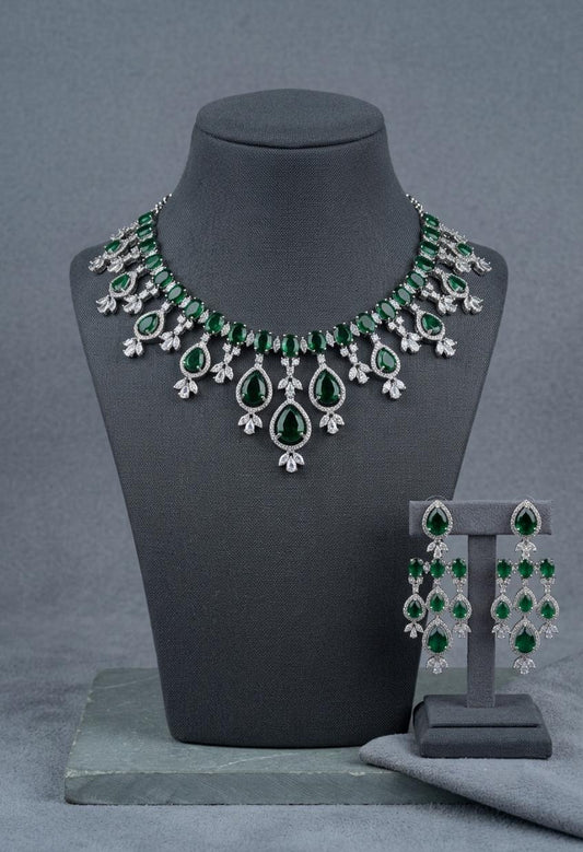 Pear Cut CZ Bridal Necklace Set, Elegant Crystal Wedding Jewelry, Matching Earrings