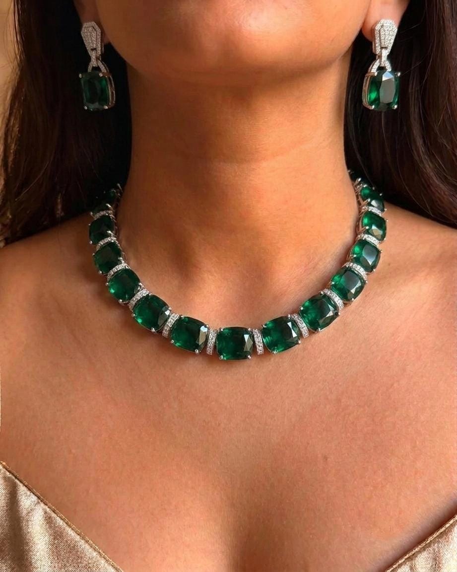 Emerald Green Cushion Cut Necklace Set, Bridal Statement Jewelry, CZ Diamond Detail