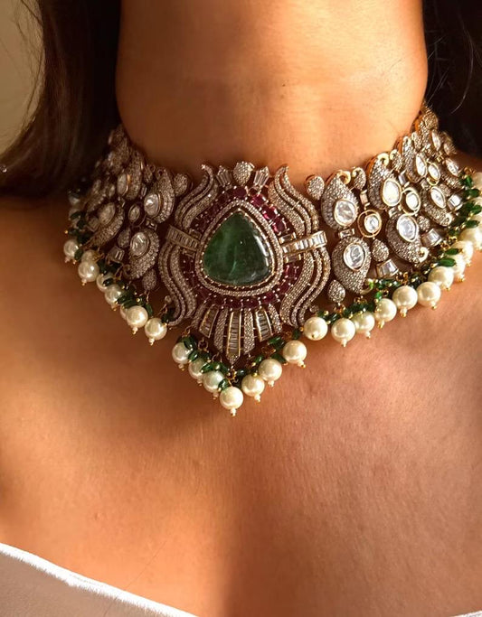 Luxury Kundan Polki Choker Necklace Set with Earrings, Bridal Statement Jewelry