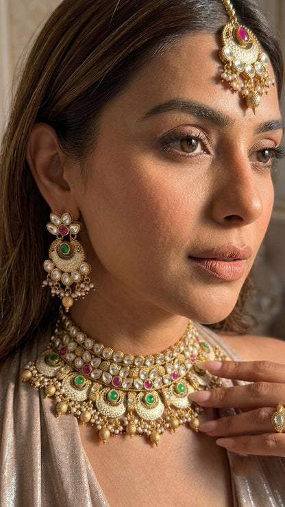 Bridal Kundan Choker Necklace Set, Indian Polki Wedding Jewelry, Pearl Drop Statement Set