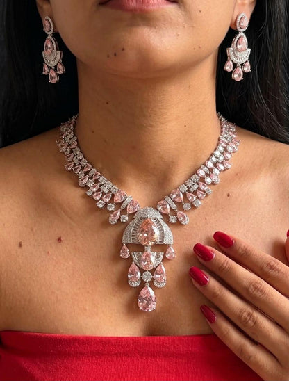 Statement Bridal Necklace Set, Cubic Zirconia Floral Pendant, Brass Alloy Jewelry