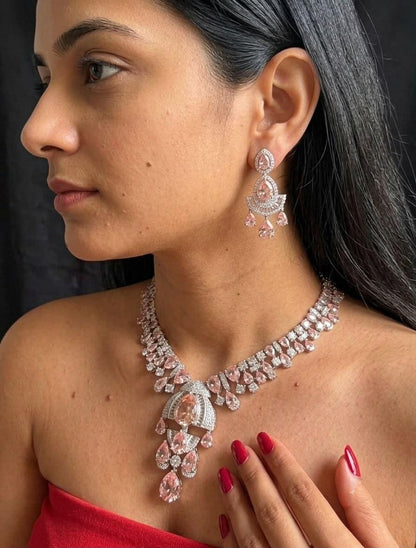 Statement Bridal Necklace Set, Cubic Zirconia Floral Pendant, Brass Alloy Jewelry