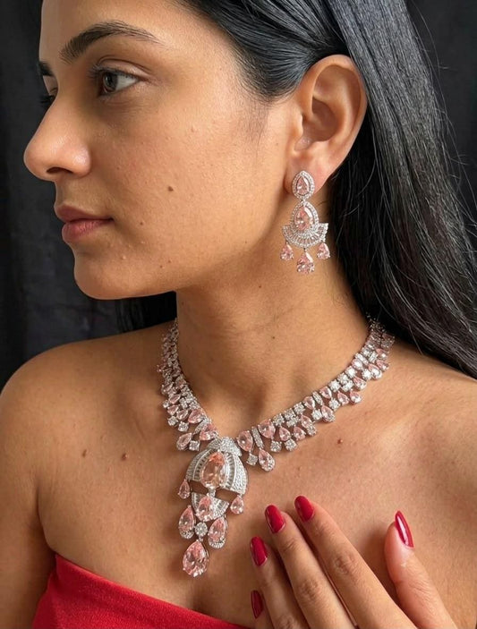 Statement Bridal Necklace Set, Cubic Zirconia Floral Pendant, Brass Alloy Jewelry