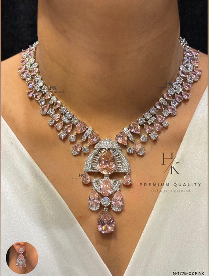 Statement Bridal Necklace Set, Cubic Zirconia Floral Pendant, Brass Alloy Jewelry