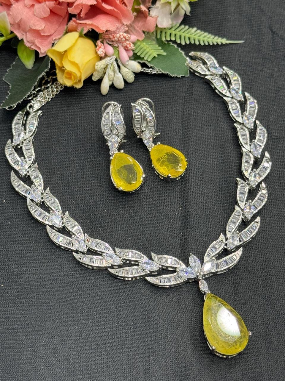 CZ Leaf Necklace Set, Pear Cut Crystal Bridal Jewelry, Statement Evening Set