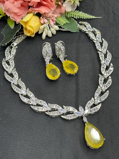 CZ Leaf Necklace Set, Pear Cut Crystal Bridal Jewelry, Statement Evening Set