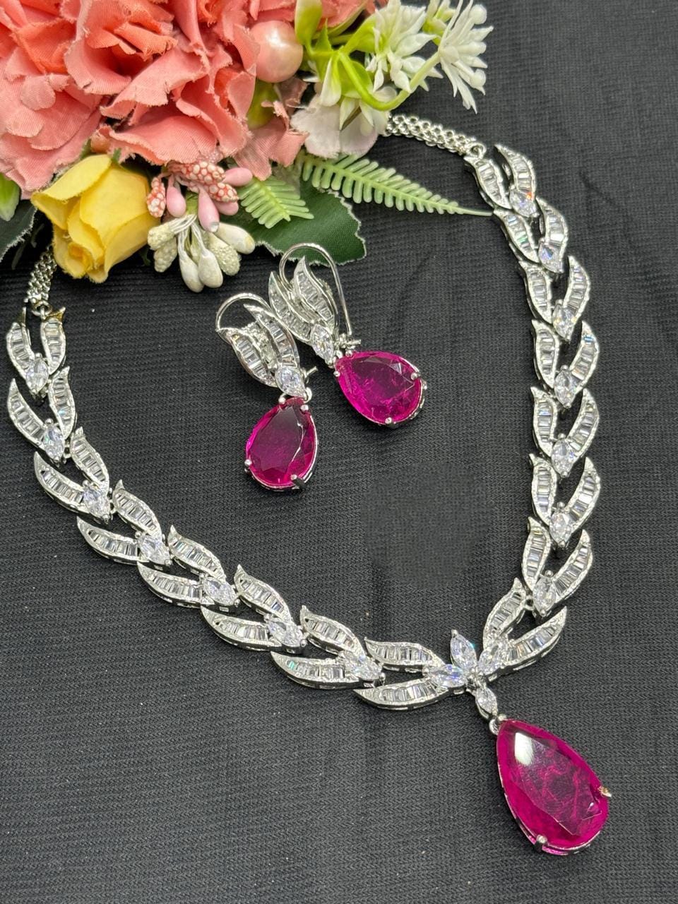 CZ Leaf Necklace Set, Pear Cut Crystal Bridal Jewelry, Statement Evening Set