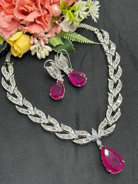 CZ Leaf Necklace Set, Pear Cut Crystal Bridal Jewelry, Statement Evening Set