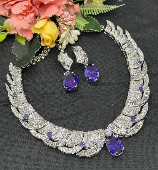 CZ Leaf Necklace Set, Oval Crystal Bridal Jewelry, Statement Wedding Earrings
