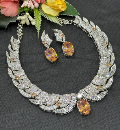 CZ Leaf Necklace Set, Oval Crystal Bridal Jewelry, Statement Wedding Earrings