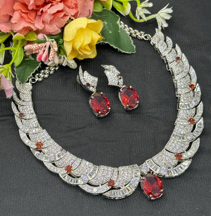 CZ Leaf Necklace Set, Oval Crystal Bridal Jewelry, Statement Wedding Earrings