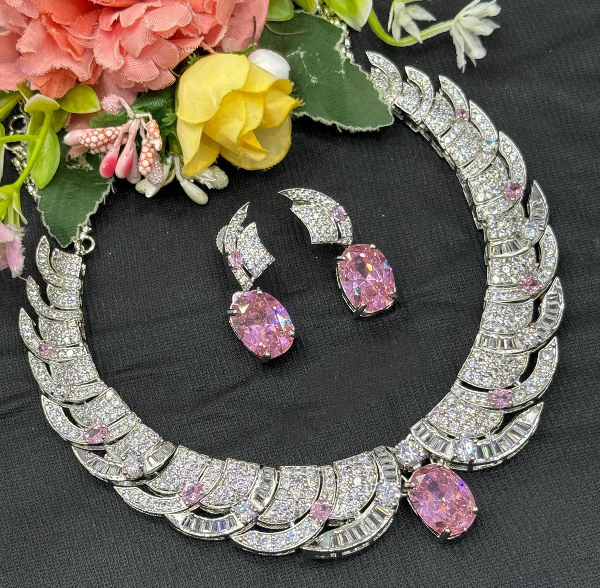 CZ Leaf Necklace Set, Oval Crystal Bridal Jewelry, Statement Wedding Earrings