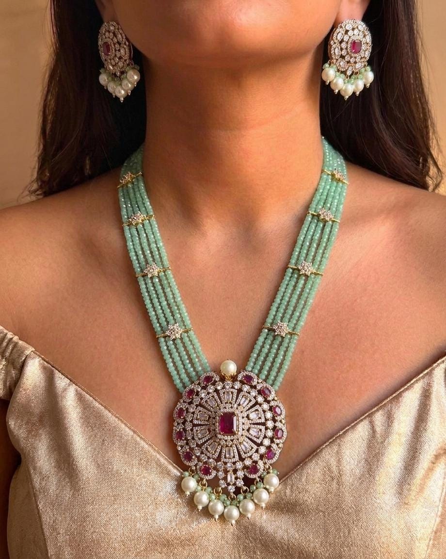 Multi Strand Beaded Pendant Necklace Set with CZ Earrings, Indian Bridal Jewelry