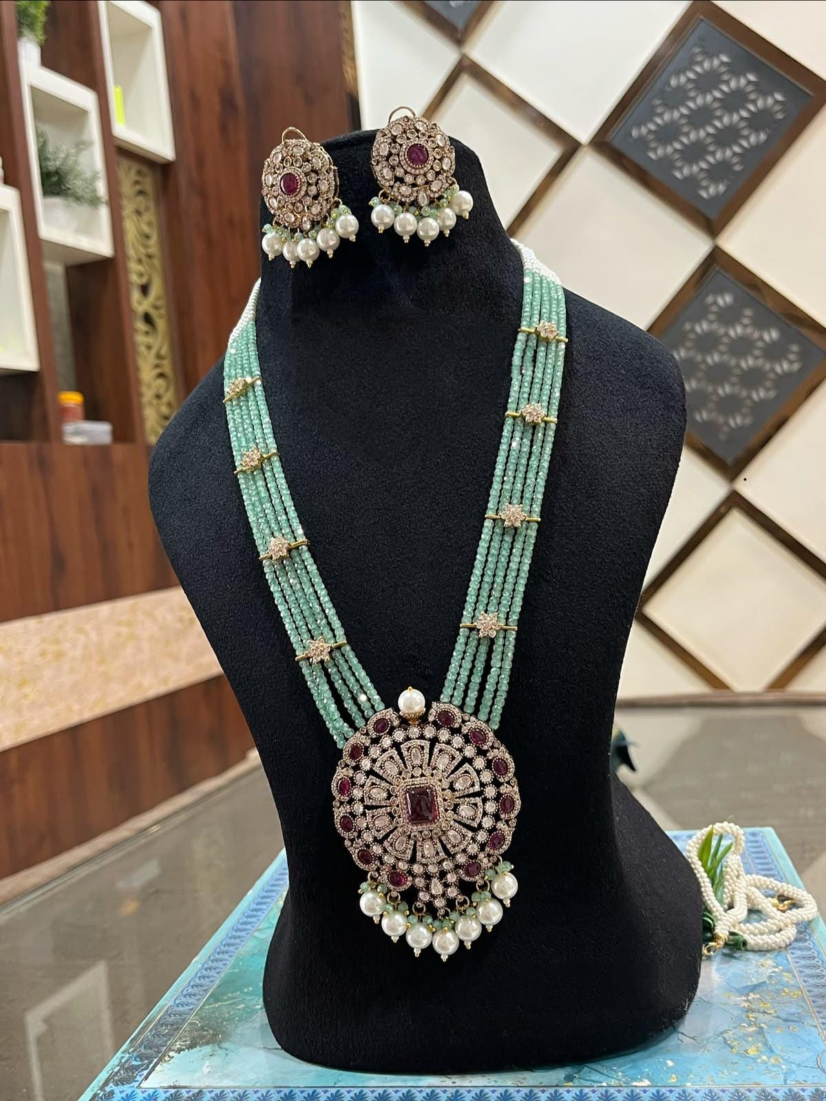 Multi Strand Beaded Pendant Necklace Set with CZ Earrings, Indian Bridal Jewelry