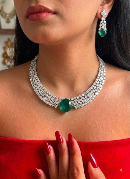 Emerald CZ Choker Necklace and Drop Earrings Set, Bridal Statement Jewelry