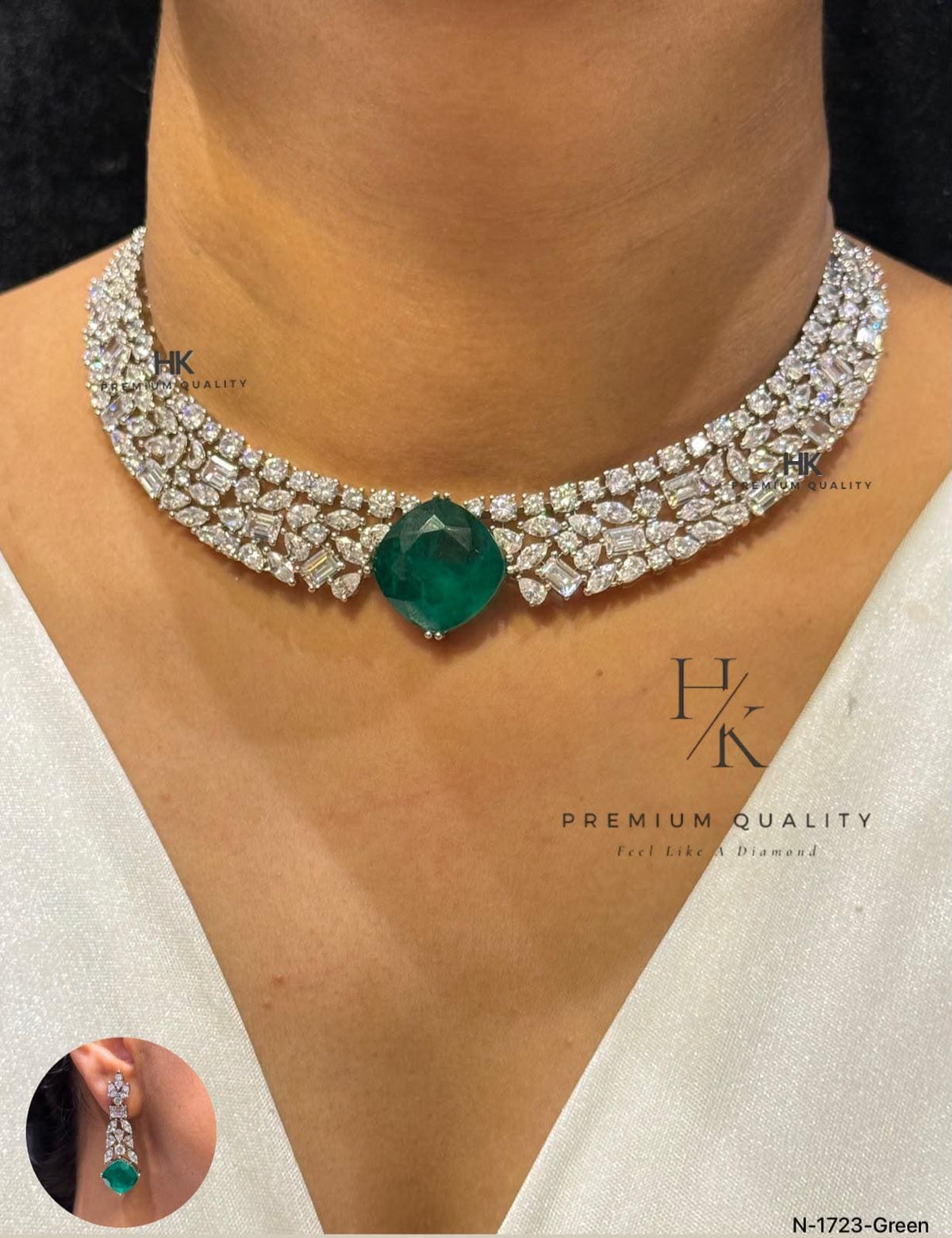 Emerald CZ Choker Necklace and Drop Earrings Set, Bridal Statement Jewelry