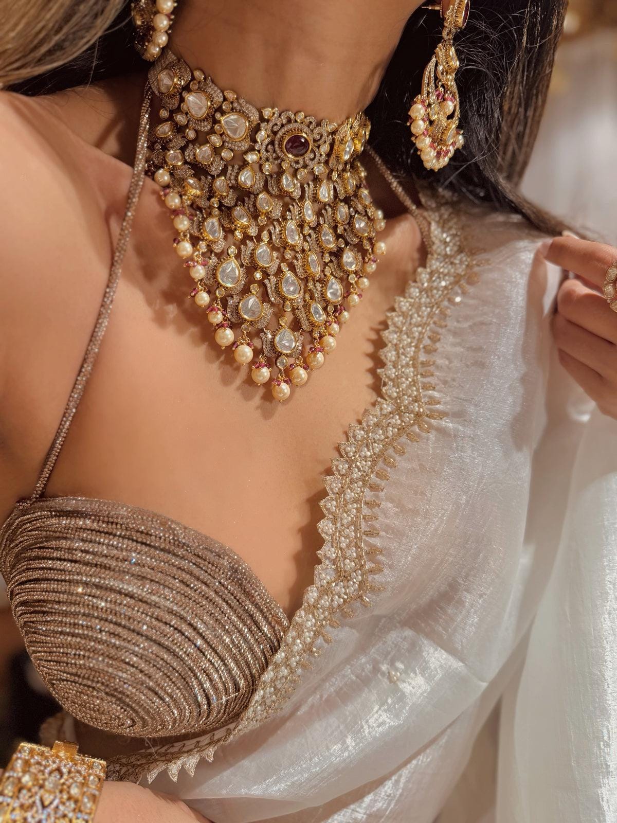 Bridal Polki Pearl Indian Wedding Jewelry  |  Victorian Kundan Choker Necklace Earrings Set