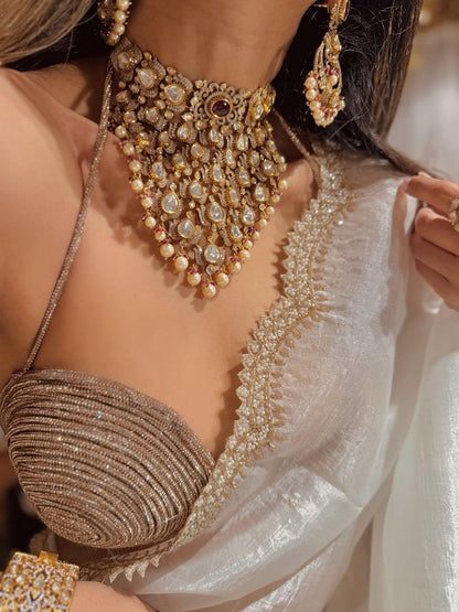 Bridal Polki Pearl Indian Wedding Jewelry  |  Victorian Kundan Choker Necklace Earrings Set