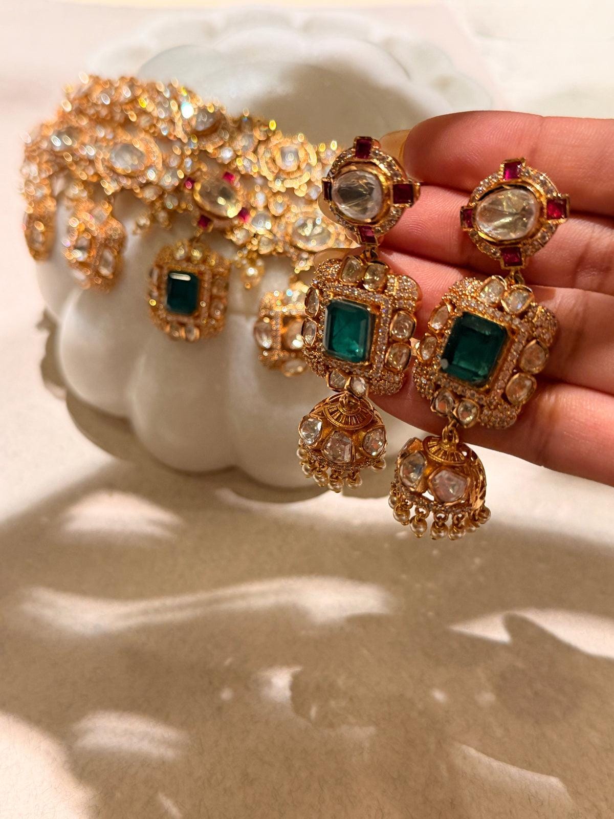 Emerald Polki Kundan Bridal Necklace Set | Indian Wedding Jewelry, Earrings